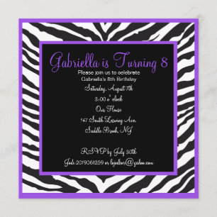 Girls Paarse Zebra Print Birthday Uitnodiging