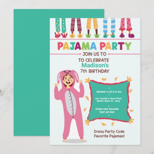 Girls Pajama Birthday Seepover Party Kaart (Voorkant / Achterkant)