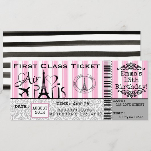 Girl's Paris France Airline Ticket Birthday Kaart (Voorkant / Achterkant)