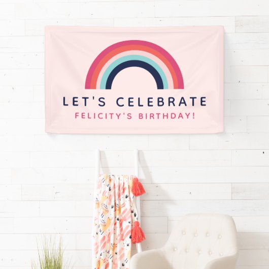 Girl's Party Gepersonaliseerde naam Rainbow Theme Spandoek (Insitu)