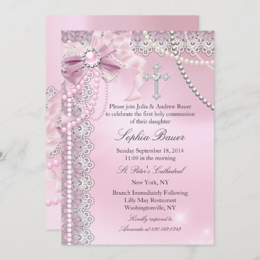 Girls Pearl Bow Cross Heilige Communie Kaart (Voorkant / Achterkant)