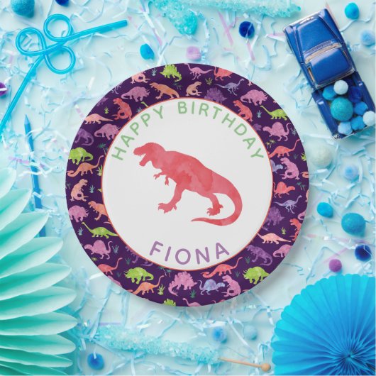 Girls Personalized Dinosaur Birthday Party Pattern Papieren Bordje (Feest)