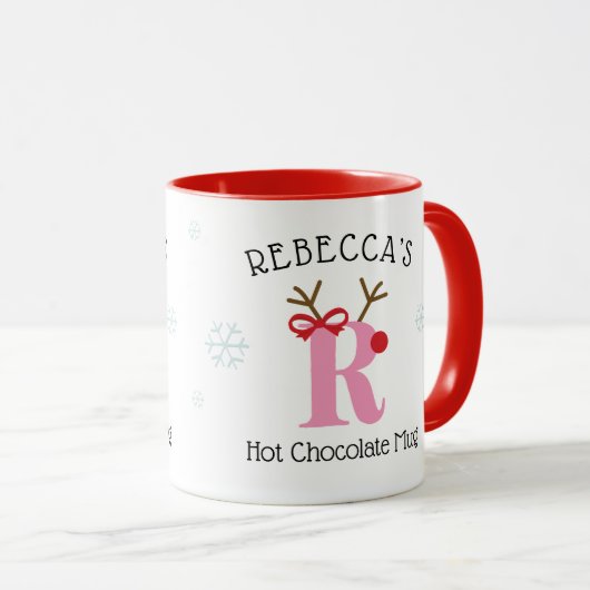 Girls Personalized Reindeer R Hot Chocolate Mug Mok (Voorkant rechts)