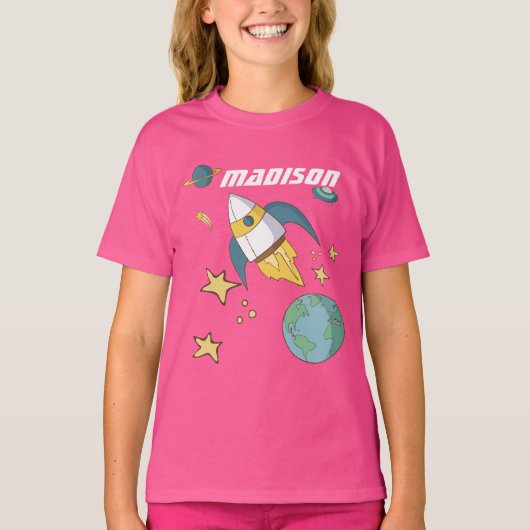 Girls Personalized Rocket Ship Shirt (Voorkant)