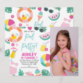 Girls Photo Summer Pool Birthday Uitnodiging (Voorkant / Achterkant)