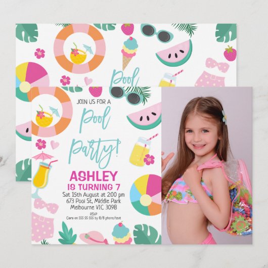 Girls Photo Summer Pool Birthday Uitnodiging (Voorkant / Achterkant)