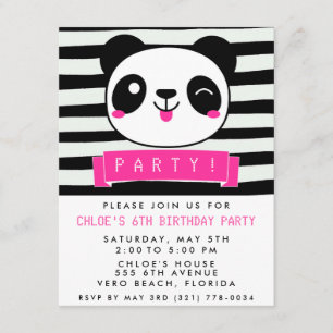 Girl's Pink and Black Happy Panda Birthday Party Kaart