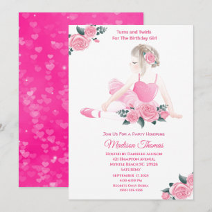 Girls Pink Ballerina Sparkle Hearts Birthday Party Kaart