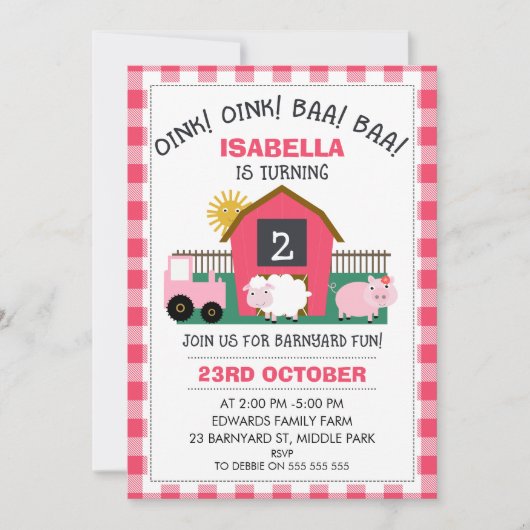 Girls Pink Barnyard Birthday Invitation Kaart (Voorkant)