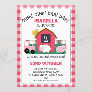 Girls Pink Barnyard Birthday Invitation Kaart