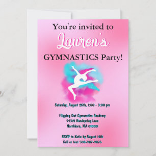 Girls Pink Blue Gymnastics Birthday Party Invite Kaart