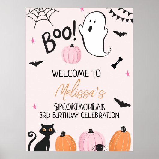 Girls Pink Boo Halloween Birthday Welcome Sign Poster (Voorkant)