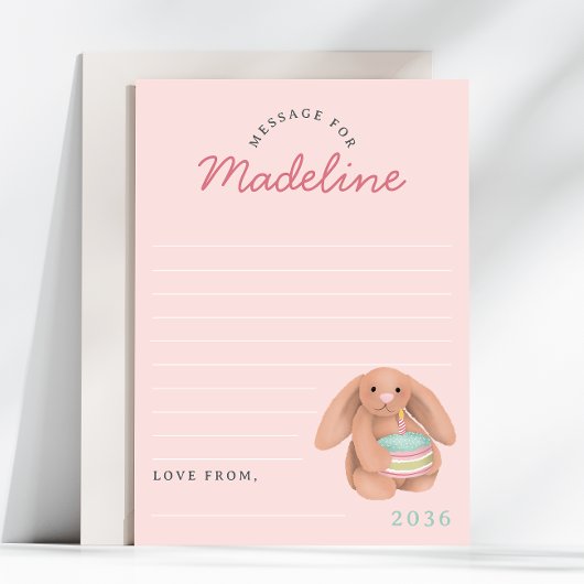 Girls Pink Bunny First Birthday Time Capsule Cards Kaart
