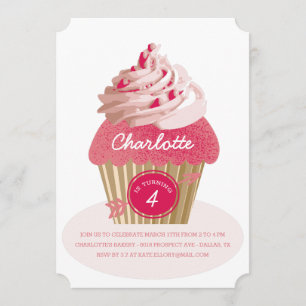 Girls Pink Cupcake Birthday Party Uitnodiging