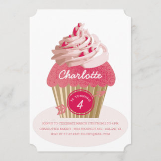 Girls Pink Cupcake Birthday Party Uitnodiging