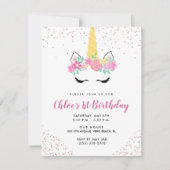 Girl's Pink Cute Unicorn Birthday Party  Kaart (Voorkant)