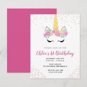 Girl's Pink Cute Unicorn Birthday Party Kaart