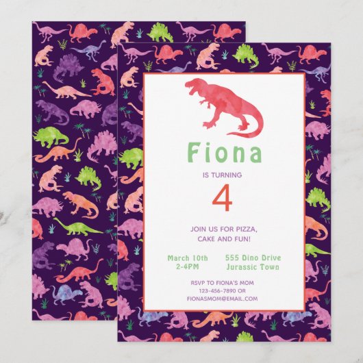 Girls Pink Dinosaur Birthday Waterverf (Voorkant / Achterkant)