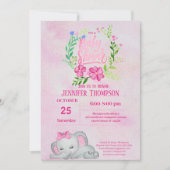 Girls Pink Elephant Baby shower Invitation Kaart (Voorkant)