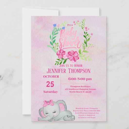 Girls Pink Elephant Baby shower Invitation Kaart (Voorkant)