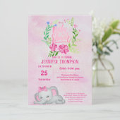 Girls Pink Elephant Baby shower Invitation Kaart (Staand voorkant)