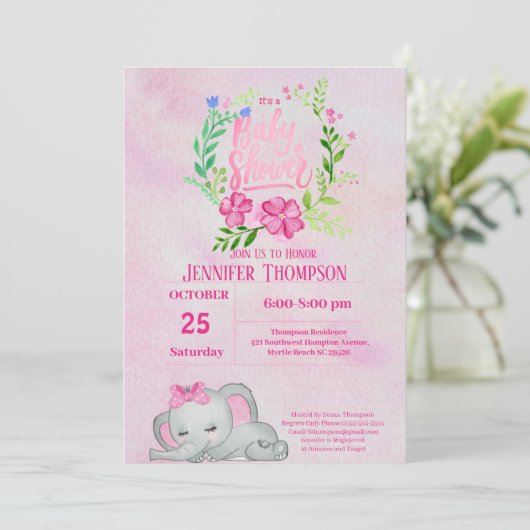 Girls Pink Elephant Baby shower Invitation Kaart (Staand voorkant)