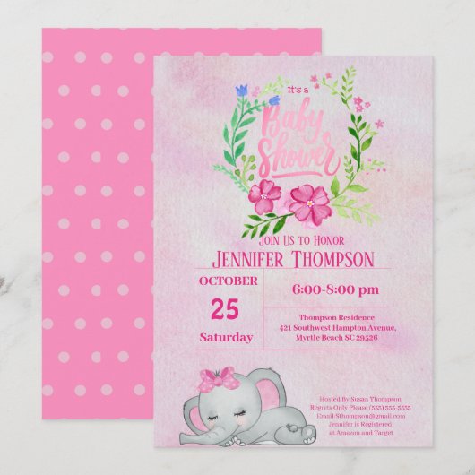 Girls Pink Elephant Baby shower Invitation Kaart (Voorkant / Achterkant)