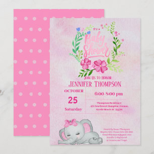 Girls Pink Elephant Baby shower Invitation Kaart