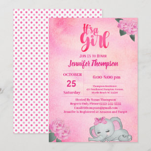 Girls Pink Elephant Baby shower Kaart