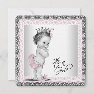 Girls Pink en Grey Linen Baby shower Kaart