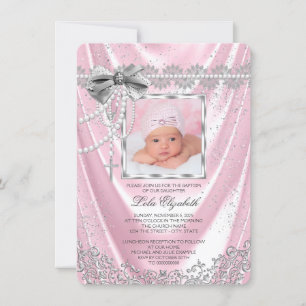 Girls Pink en Silver Photo Baptism Kaart
