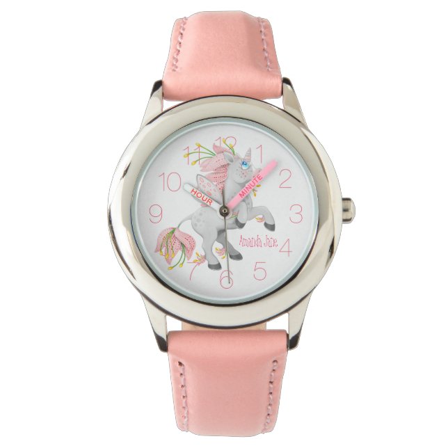 Girls Pink Fairy Flower Unicorn Horloge (Voorkant)