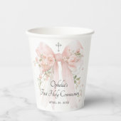 Girl's Pink First Communion Floral Bow Papieren Bekers (Voorkant)