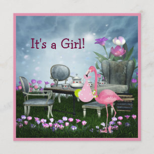 Girl's Pink Flamingo Wonderland Baby shower Kaart