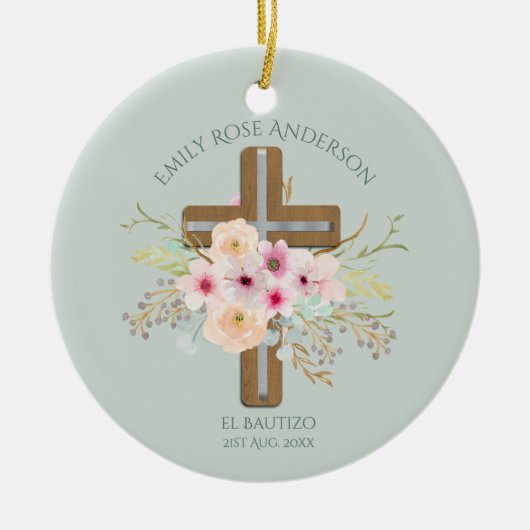 Girls Pink floral BAUTIZO Baptism Bautismo Named Keramisch Ornament (Voorkant)