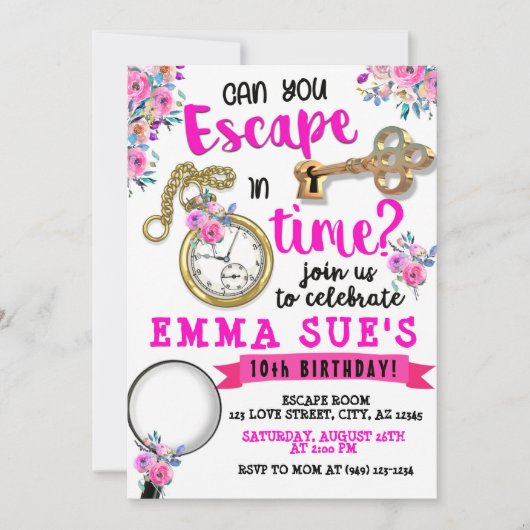 Girl's Pink Floral Escape Room Kaart (Voorkant)