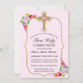 Girls Pink Floral First Heilige Communie Kaart (Voorkant)