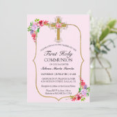 Girls Pink Floral First Heilige Communie Kaart (Staand voorkant)