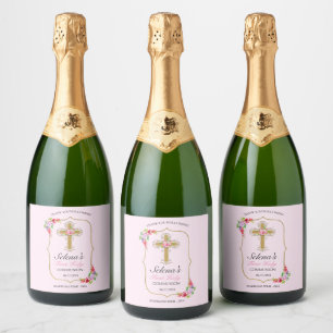Girls Pink Floral First Heilige Communie Sparkling Wijnetiket