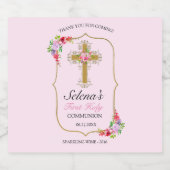 Girls Pink Floral First Heilige Communie Sparkling Wijnetiket (Enkel label)