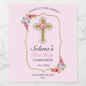 Girls Pink Floral First Heilige Communie Wijn Etiket (Enkel label)
