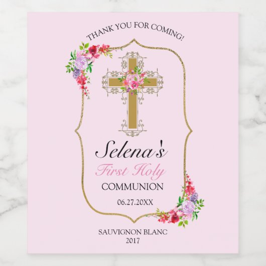 Girls Pink Floral First Heilige Communie Wijn Etiket (Enkel label)