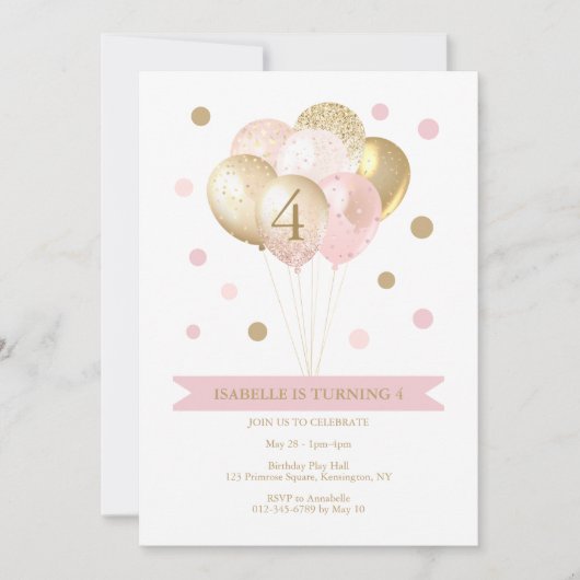 Girl's Pink Gold Birthday Party Invitation Kaart (Voorkant)