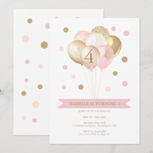 Girl's Pink Gold Birthday Party Invitation Kaart (Voorkant / Achterkant)