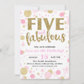 Girl's Pink & Gold Five & Fabulous 5th Birthday Kaart (Voorkant)