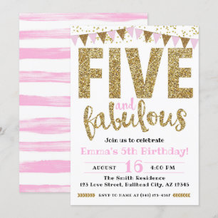 Girl's Pink & Gold Five & Fabulous 5th Birthday Kaart