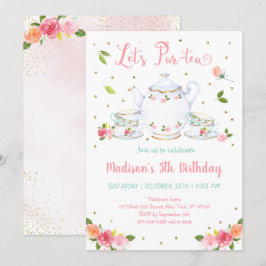 Girls Pink Gold Floral Tea Party Birthday Kaart