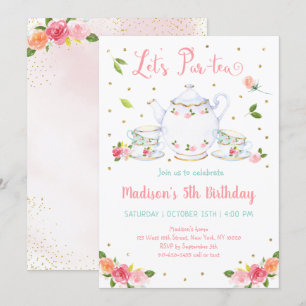 Girls Pink Gold Floral Tea Party Birthday Kaart