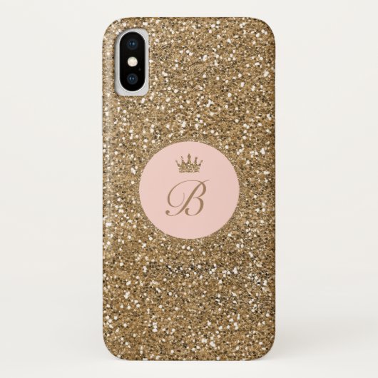 Girls Pink Gold Glitter Princess Crown Monogram Case-Mate iPhone Case (Achterkant)