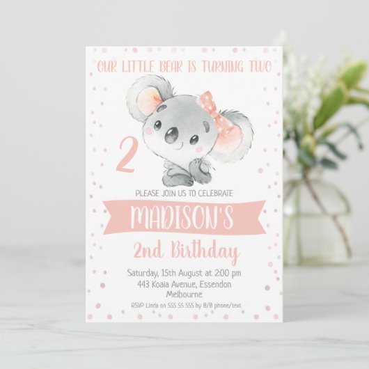 Girls Pink Gray Koala Beer Birthday Uitnodiging (Staand voorkant)